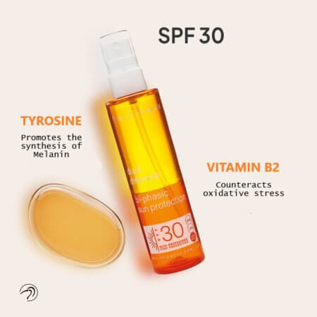 Dual Defense Bi-Phasic SPF30 | Monderme - Exclusive Beauty Brands This lightweight and eco-friendly sunscreen shields your skin from harmful UVA, UVB, and Blue Light, while Tyrosine and Vitamin B2 enhance your natural tanning process. Ideal for daily outdoor use. It respects marine life and absorbs quickly without feeling greasy.