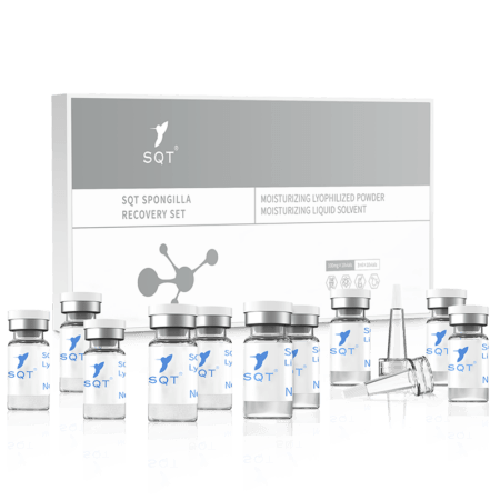 SQT Spongilla Recovery Set includes a box, 20 vials, and two applicator tips on a white background. Packaging is white and gray with blue accents.