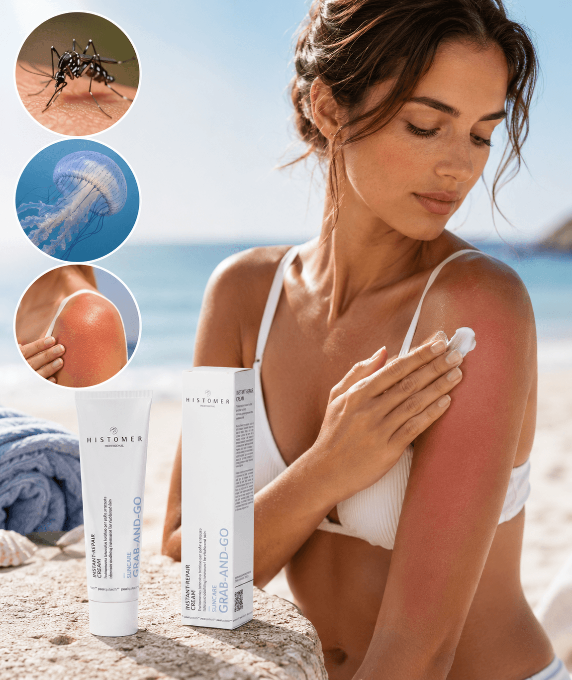 Woman applying Instant Repair Cream for sunburnt. Jellyfish. Mosquito.