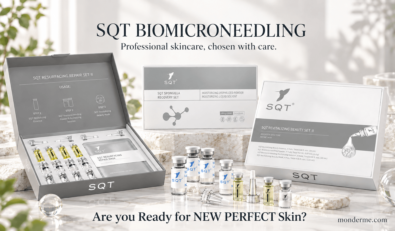 SQT Biomicroneedling kits and vials arranged on a marble surface with visible branding on the boxes and bottles