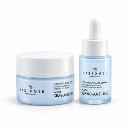 Happy Drop Skincare Duo | Monderme - Exclusive Beauty Brands Histomer Happy Drop duo with a pale blue Hydrating Aqua-Gel Cream jar and Hyaluronic Sleek Serum dropper bottle on a white background.