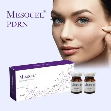 Mesocel-pdrn-for-microneedling | Monderme - Exclusive Beauty Brands Mesocel PDRN box and two 3 ml vials beneath a close-up of a woman touching her cheek on a pale lavender background.