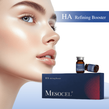Mesocel_ha | Monderme - Exclusive Beauty Brands Mesocel HA Refining Booster navy box and two amber vials beside a close-up of a woman’s face.